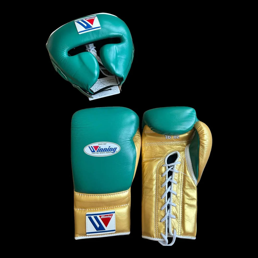 Boxing Gloves and  Head Guard - Green Gold